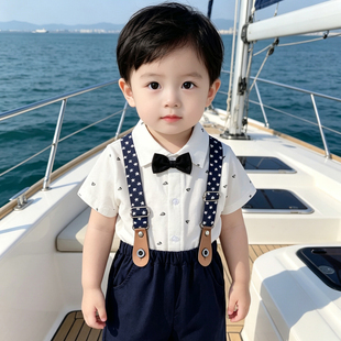 男宝宝周岁礼服小少爷服婴儿背带裤套装绅士领结海军风帅气礼服