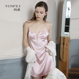韵扉桑蚕丝睡衣女士双层罩杯蕾丝拼接性感V领吊带真丝睡裙家居服
