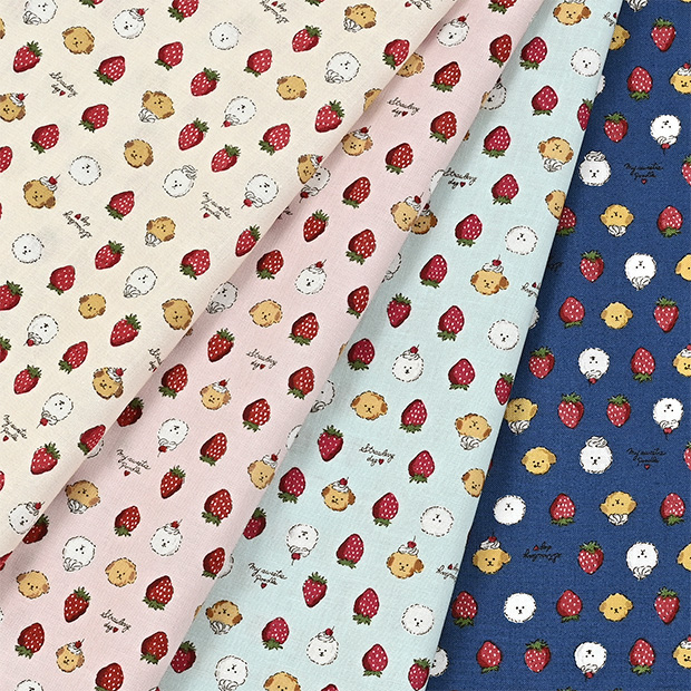 日本进口纯棉草莓与小狗包边条连衣裙衬衫手工拼布艺手作服装面料