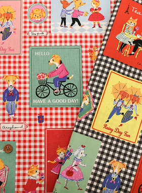 25cm日本进口纯棉YUWA sobakasu-kids格子猫和狗连衣裙服装布面料