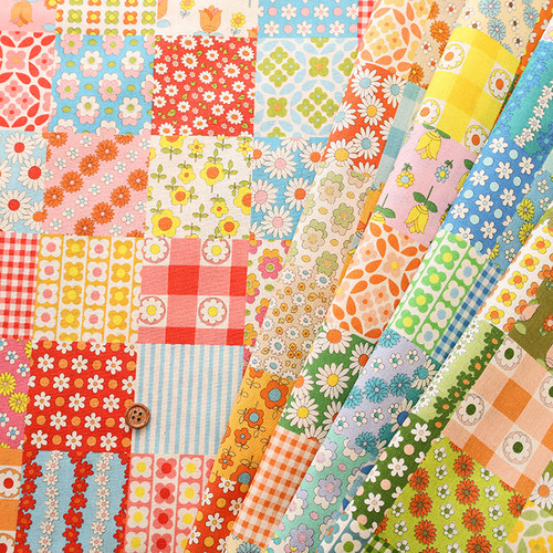 50cm日本进口纯棉70's Design　Fiower Days拼凑方块碎花服装面料