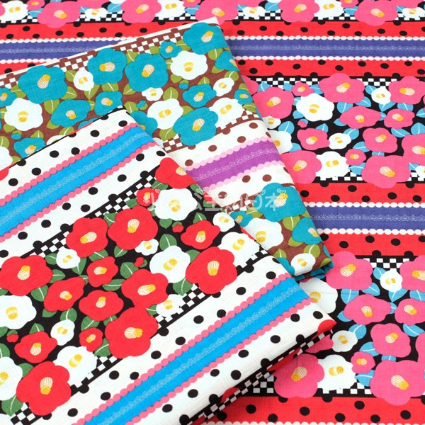 日本进口纯棉Doll Market鲜艳山茶花连衣裙条纹拼布艺椿面料现货