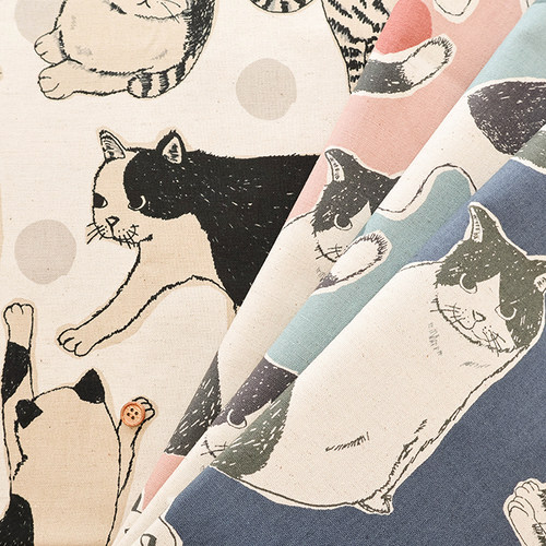 50cm日本进口棉麻波点猫咪105cm手工拼布艺手作连衣裙服装面料