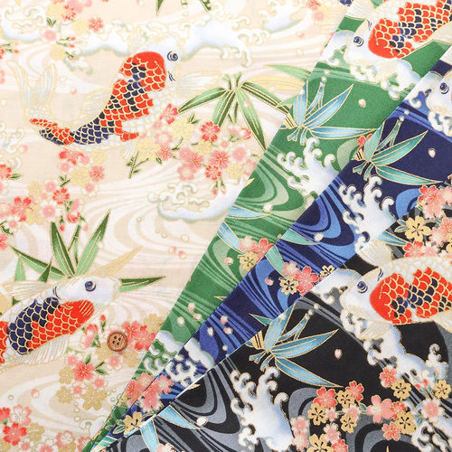 50cm日本进口纯棉和风锦鲤竹叶浪花万华浪漫手工拼布艺服装面料