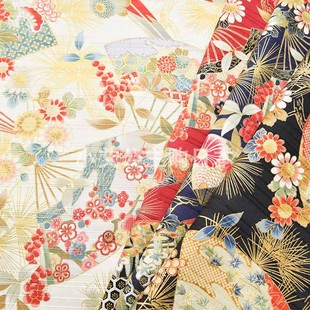 日本进口纯棉烫金和风扇子连衣裙衬衫手工拼布惠安女头巾服装面料