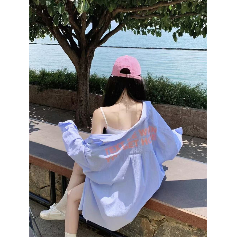 潮牌美式设计感蓝色条纹印花衬衫外套女夏秋薄款长袖宽松防晒上衣