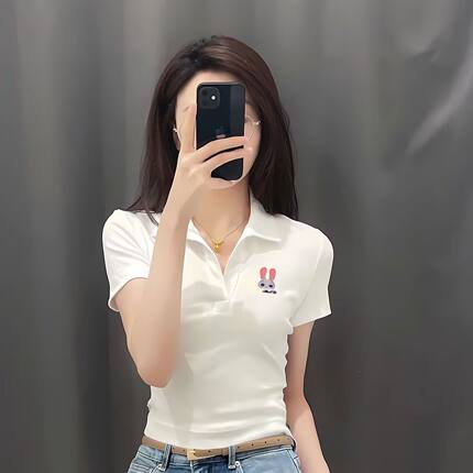 印花设计感短款夏季2024新款polo领甜辣翻领短袖T恤女白色上衣ins