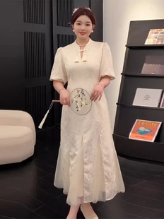 大码 微胖mm显瘦复古改良旗袍裙网纱拼接裙子 新中式 国风连衣裙夏季