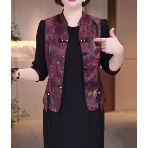 高档中老年国风马甲富太气质套装