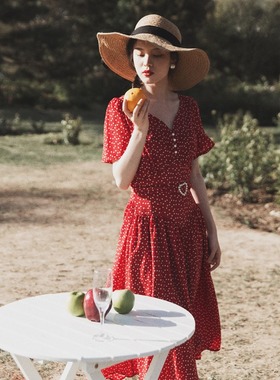 红色波点港风连衣裙80年代怀旧复古女装夏季90布拉吉穿搭70红裙子