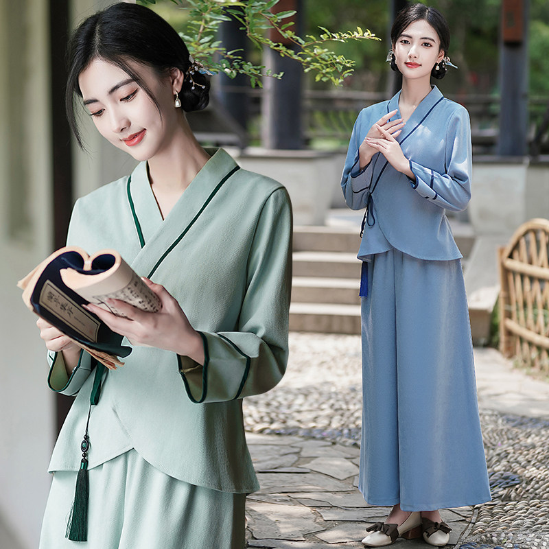 IMPROVED HANFU WOMENS CLOTHES TANG COSTUME TOPS CHINESE STYLE SUITS ZEN TEA CLOTHES REPUBLIC OF CHINA STYLE TEA ARTIST WORK CLOTHES SPRING AND AUTUMN