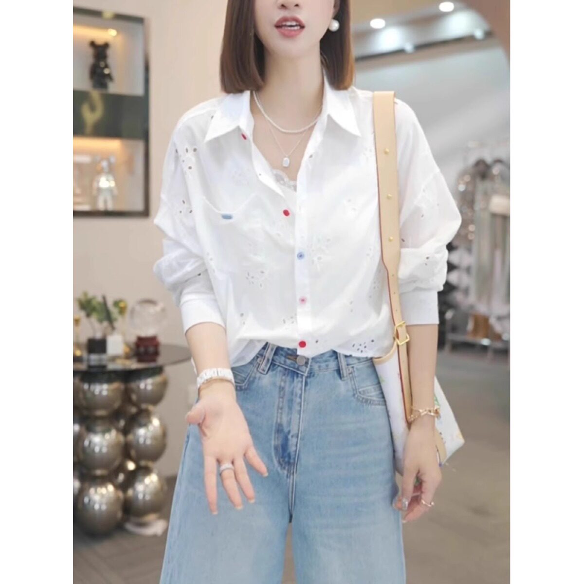 大码女装薄款镂空长袖衬衫2025春夏新款胖mm宽松显瘦洋气衬衣上衣