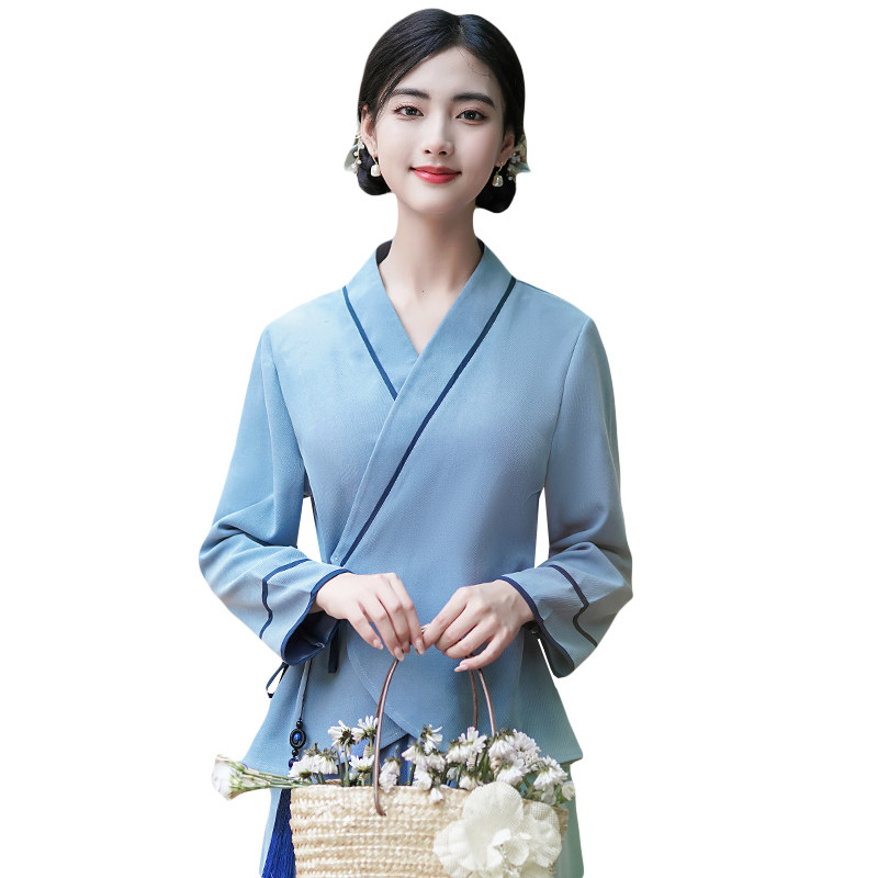 IMPROVED HANFU WOMENS CLOTHES TANG COSTUME TOPS CHINESE STYLE SUITS ZEN TEA CLOTHES REPUBLIC OF CHINA STYLE TEA ARTIST WORK CLOTHES SPRING AND AUTUMN
