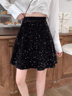 大码闪闪半身裙女高腰亮片蓬蓬裙秋冬伞裙巨显瘦裙子遮肚百搭短裙