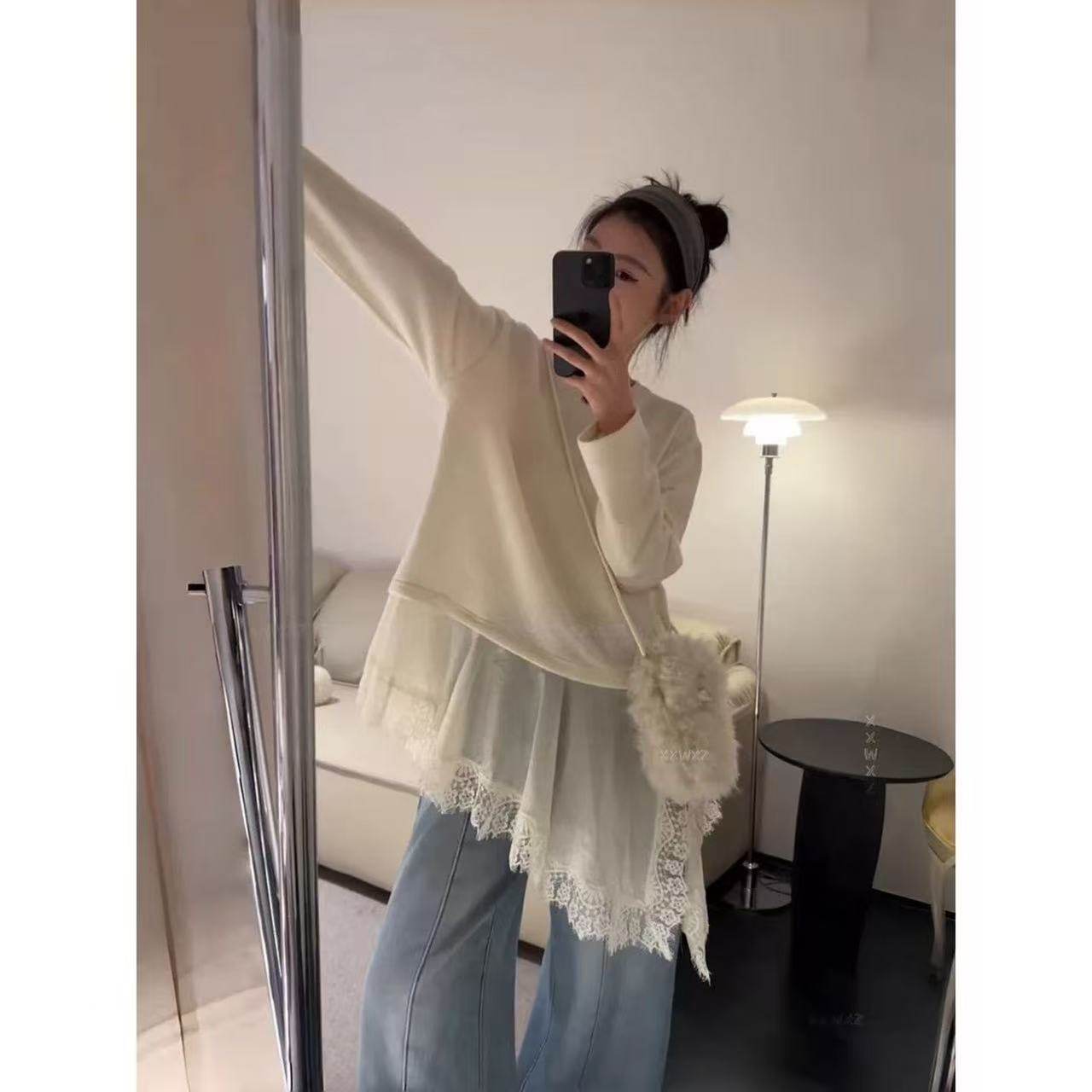 设计感蕾丝拼接长袖T恤2026早春新款大码胖MM中长款宽松打底上衣