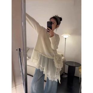 设计感蕾丝拼接长袖T恤2026早春新款大码胖MM中长款宽松打底上衣