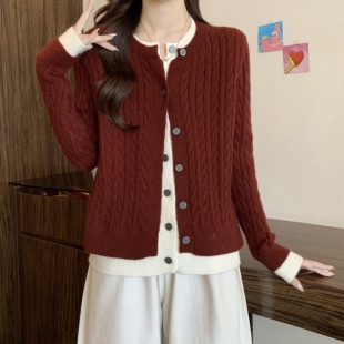 安可拉红色麻花毛衣外套女秋季大码胖mm正肩显瘦假两件高级感上衣