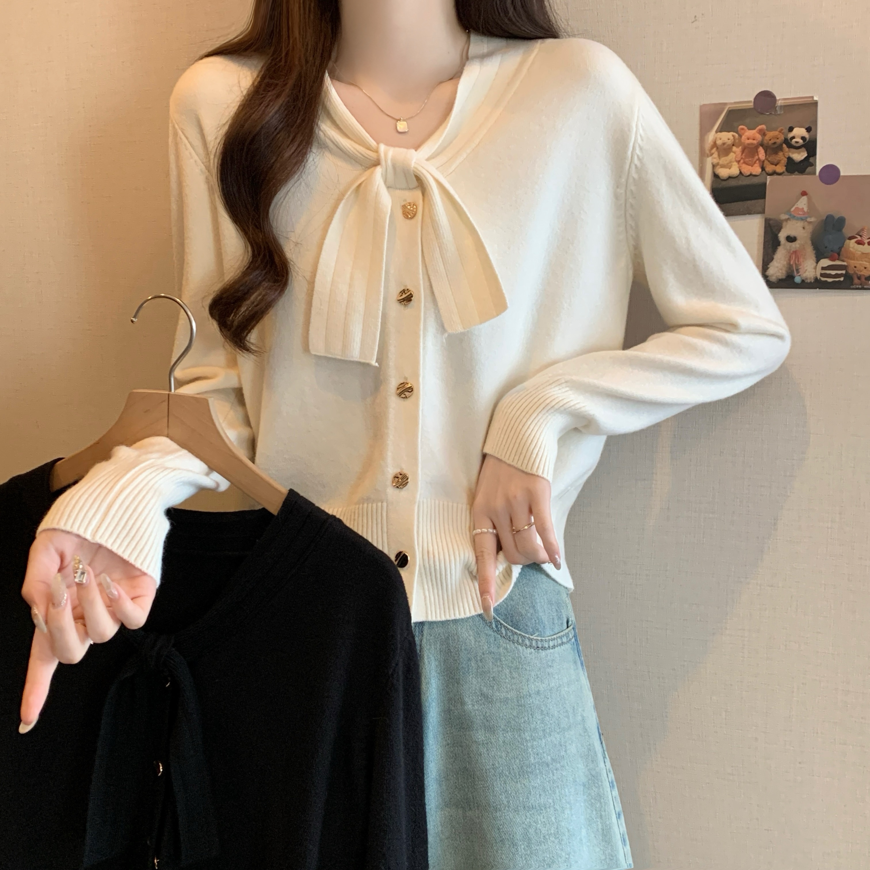 小香风蝴蝶结V领针织开衫