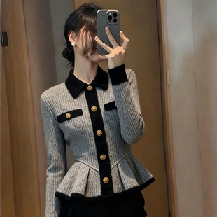 灰色小香风针织衫女2026新款秋冬大码胖mm收腰显瘦荷叶边下摆上衣