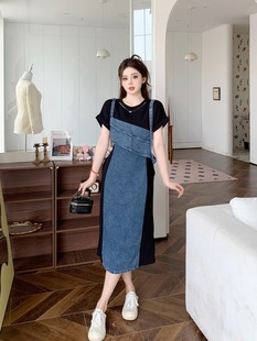 大码女装胖mm夏季新款2025时尚连衣裙修身显瘦牛仔拼接假两件长裙