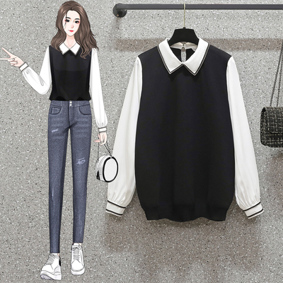 2025春季新款大码女装胖妹妹减龄假两件拼接百搭显瘦衬衫领上衣女