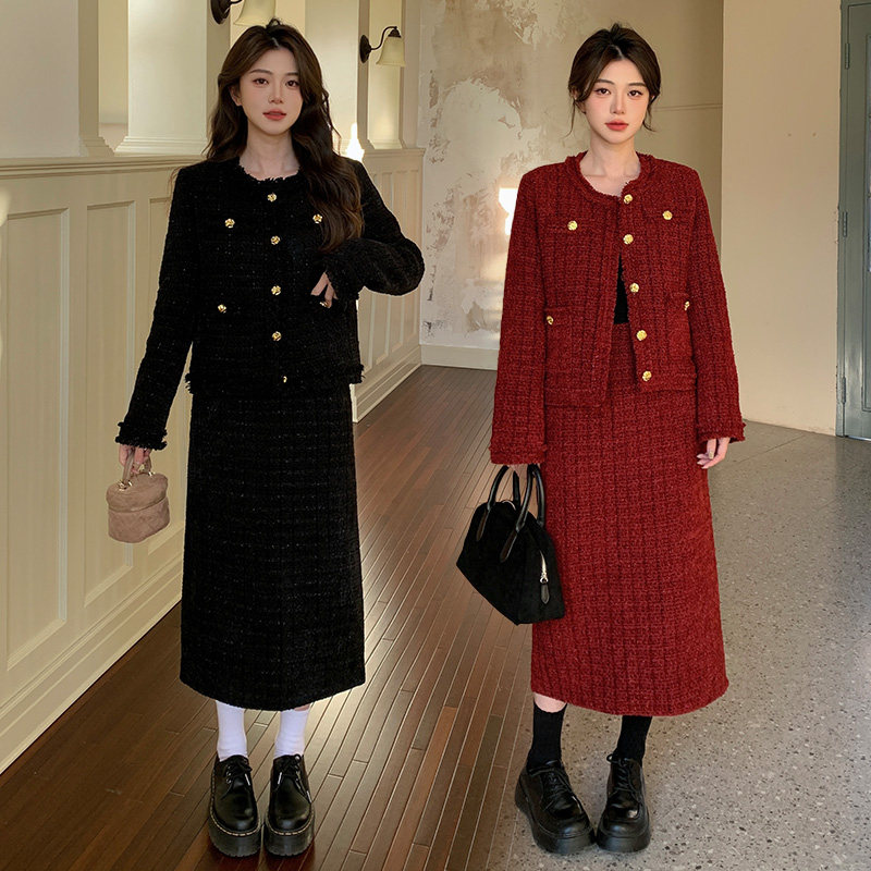 圣诞过年衣服红色小香风加棉套装裙大码胖mm冬季小个子气质两件套