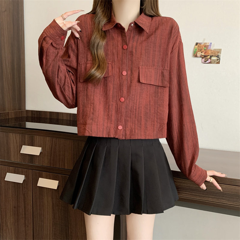 大码条纹翻领长袖衬衫外套女春秋胖mm显瘦宽松设计感扎染短款上衣