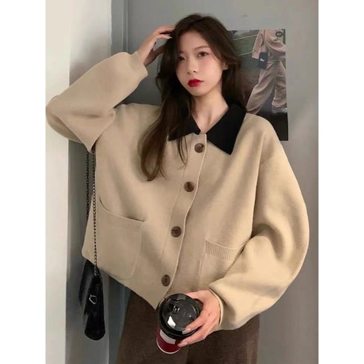 韩系慵懒polo领毛衣外套女秋季大码胖mm显瘦正肩短款针织开衫上衣