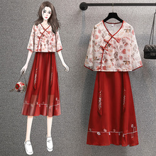 2025大码女装胖妹妹夏新款中国风改良汉服显瘦遮肚连衣裙两件套装