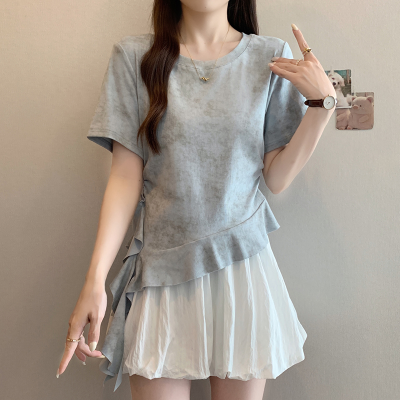 浅蓝色扎染正肩短袖T恤女夏大码胖mm显瘦独特漂亮不规则下摆上衣