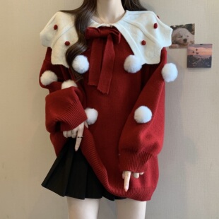 红色娃娃领可爱毛球毛衣女冬季大码胖mm显瘦中长款蝴蝶结针织上衣