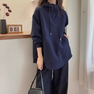 欧货连帽正肩卫衣女秋季大码微胖mm显瘦大版中长款遮屁股洋气上衣