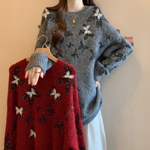 红色马海毛针织衫毛衣女款秋冬大码胖mm中长款遮屁股洋气高档上衣