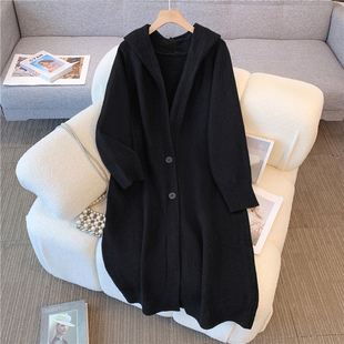 加厚保暖连帽针织中长款毛衣外套女秋大码胖mm慵懒风宽松显瘦上衣