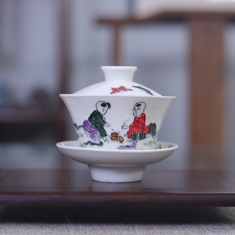 老潮彩手绘堆料浮雕童趣功夫盖碗