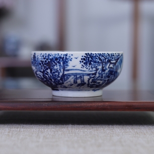 九希堂刘林荣青花瓷山水画主人杯仿古普洱杯大口茶碗内绘724