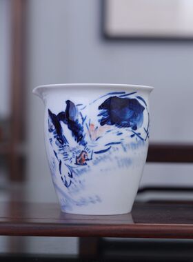 九希堂刘林荣手绘分茶器功夫茶具高白瓷青花瓷公道杯花鸟走兽微瑕