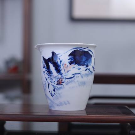 九希堂刘林荣手绘分茶器功夫茶具高白瓷青花瓷公道杯花鸟走兽微瑕