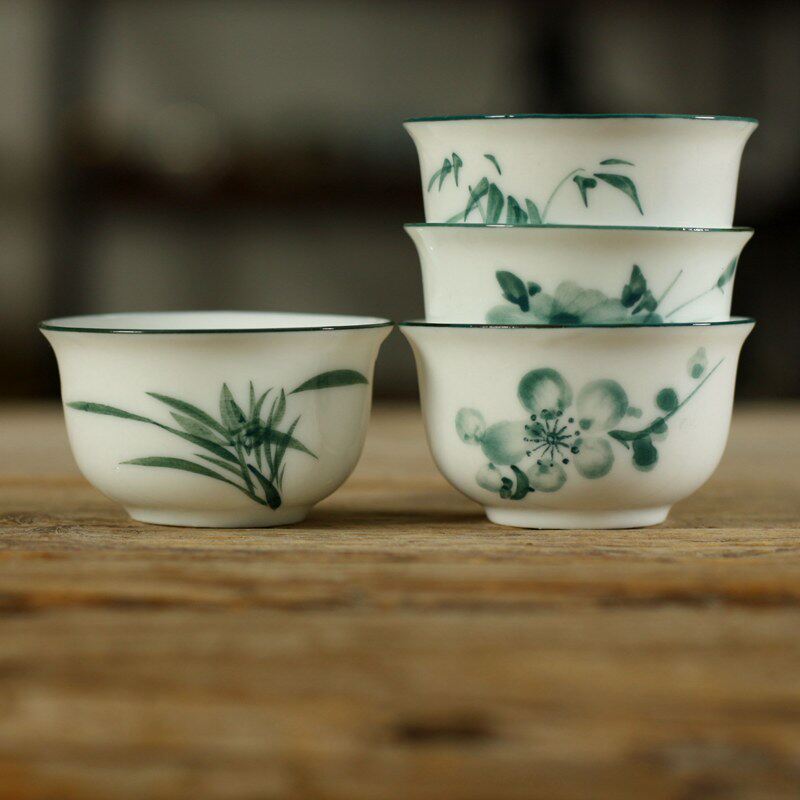 潮汕功夫茶杯手绘反口陶瓷小茶碗品茗杯90年代老潮州一口啜小杯子