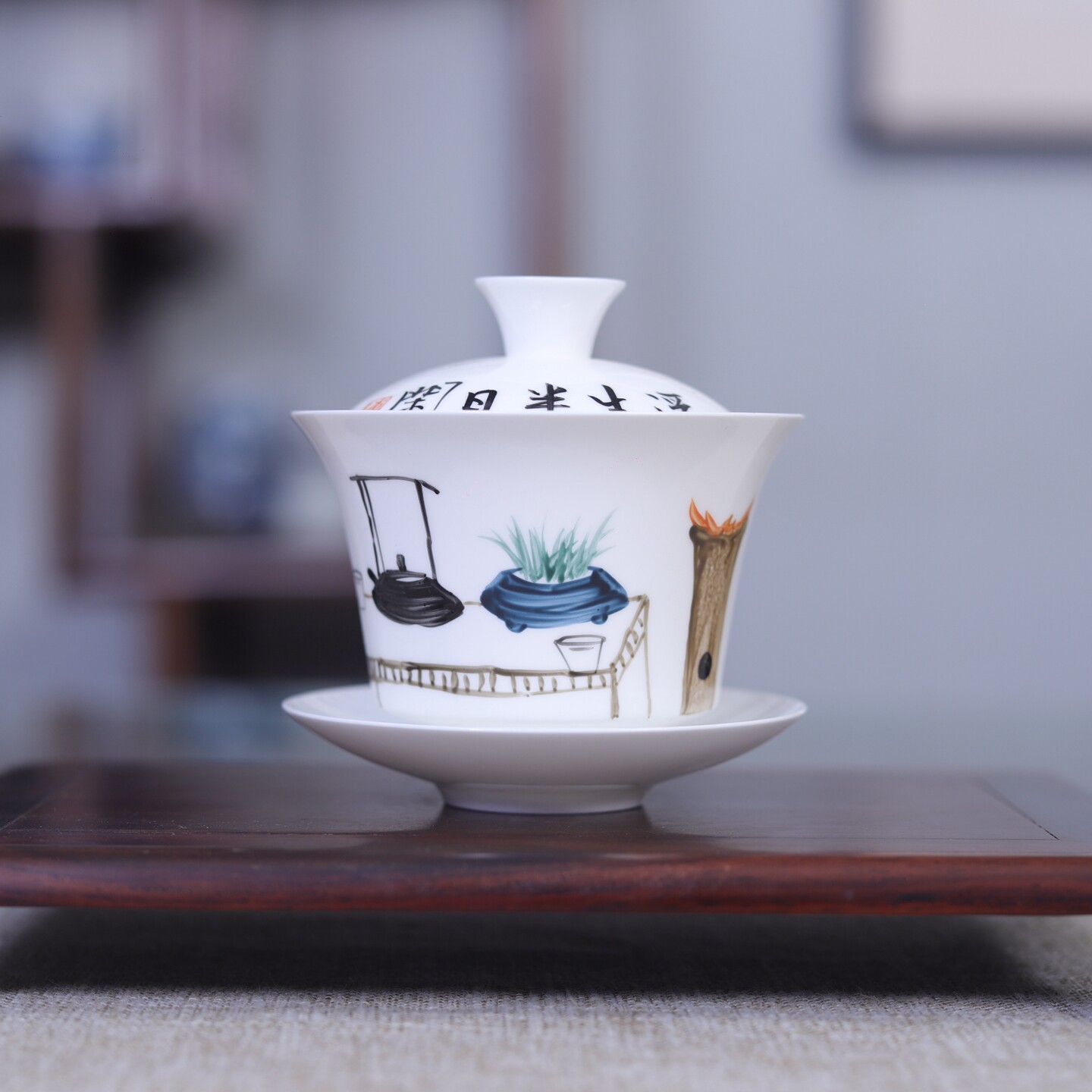 九希陈手绘三才杯盖碗骨瓷薄胎手绘清供图茶碗潮汕功夫茶具白瓷