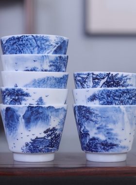 刘林荣手绘马蹄杯釉下彩水乡陶瓷茶具功夫茶杯聚香杯青花瓷168.8#