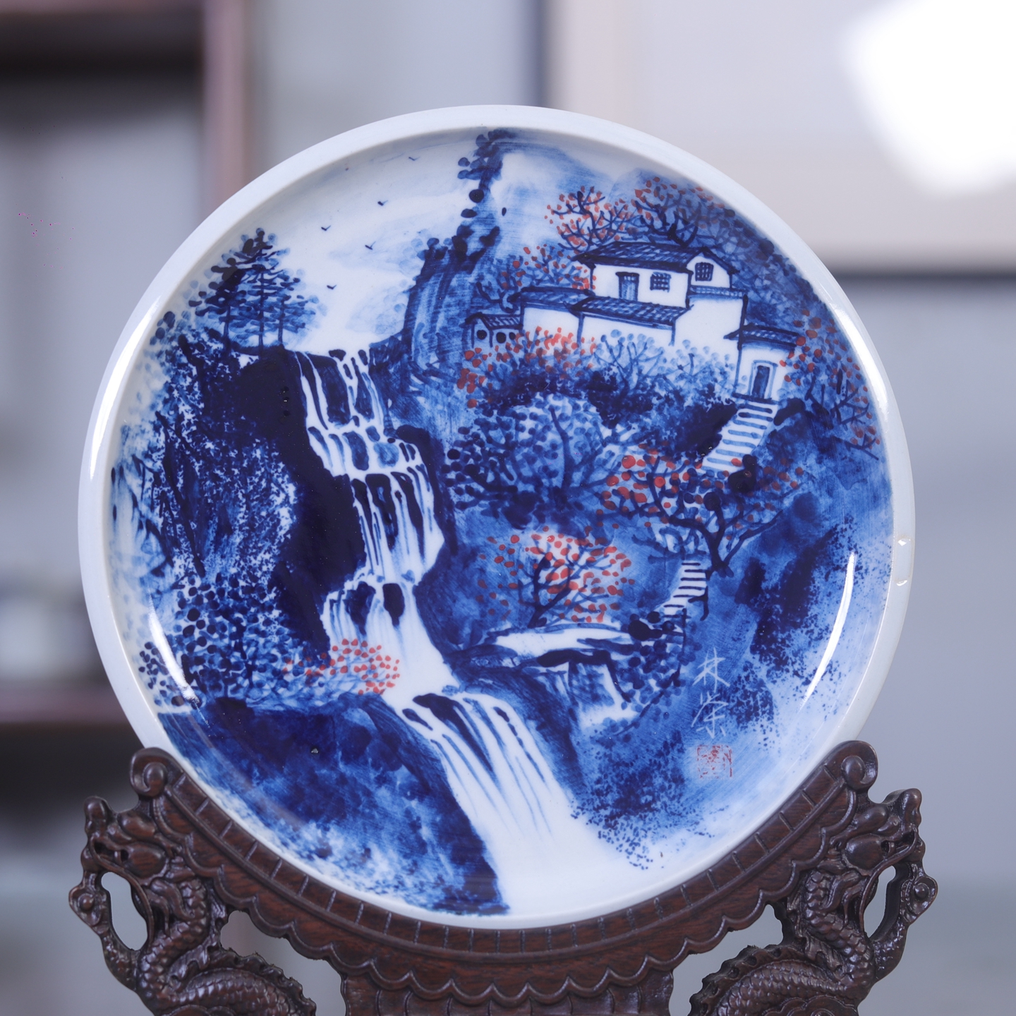 九希堂刘林荣手绘青花瓷中式挂盘案头摆件装饰画瓷盘画茶盘壶承图片