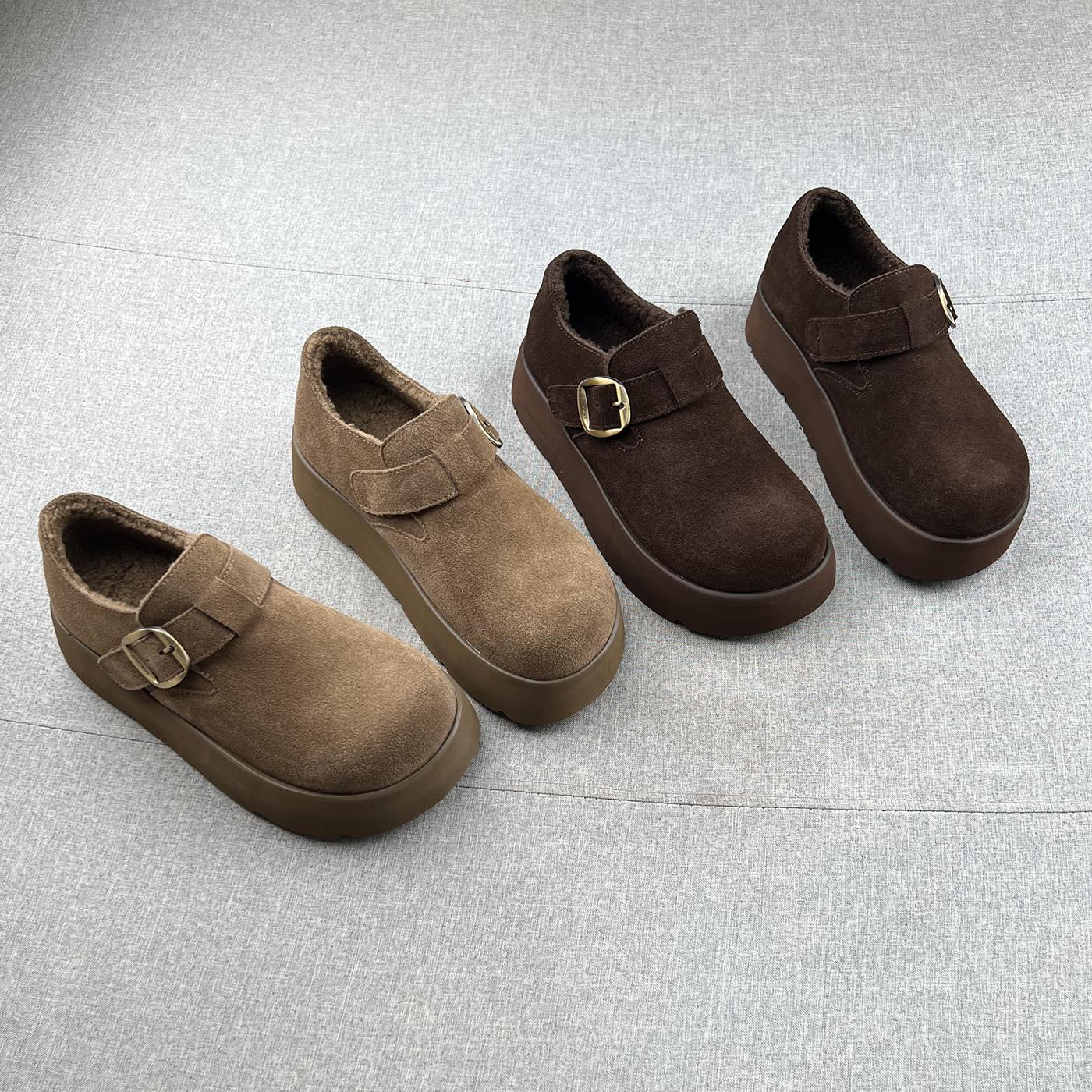 真皮羊卷毛魔术贴厚底增高勃肯鞋