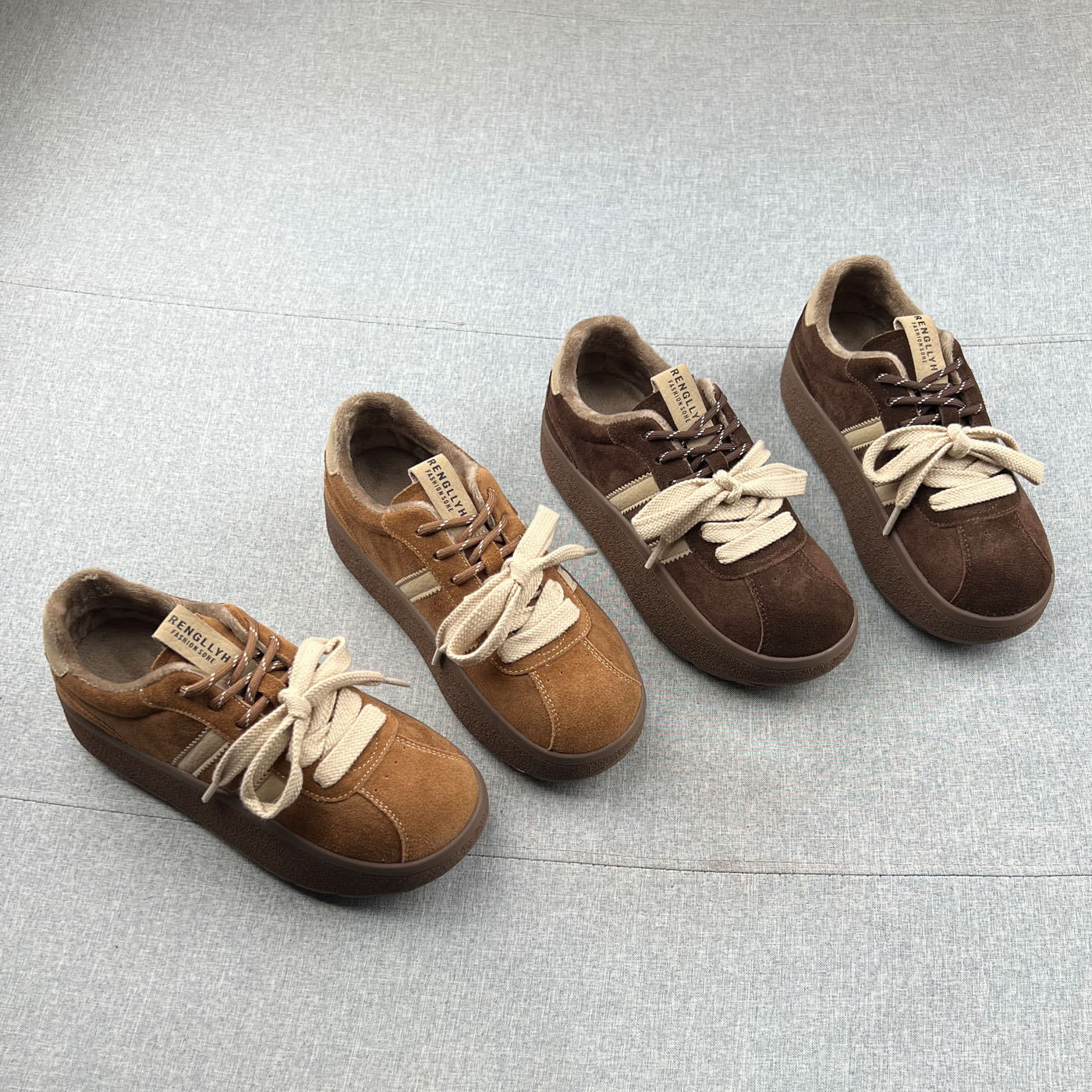 系带加绒厚底增高德训鞋