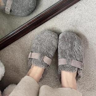 皮毛一体~灰色羊毛毡厚底加绒勃肯鞋女秋冬包头羊羔毛半拖鞋外穿