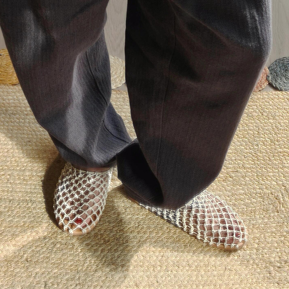 羊皮版~编织网面镂空凉鞋2025新款慵懒风平底渔网包头半拖女外穿