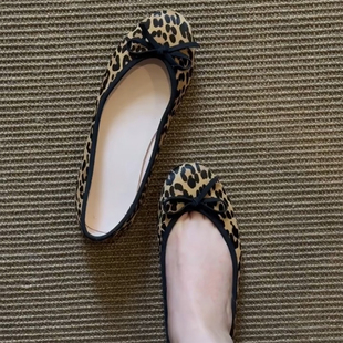 真皮马毛超浅口复古豹纹平底蝴蝶结芭蕾单鞋女软底休闲玛丽珍瓢鞋