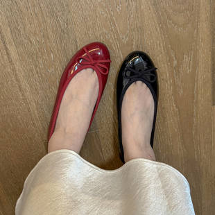 巨软~羊皮蝴蝶结浅口性感漏指缝芭蕾舞单鞋女平底绝美复古小红鞋