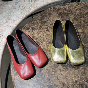 极简舒适~row风法式超软羊皮方头芭蕾单鞋女平底浅口小红鞋奶奶鞋