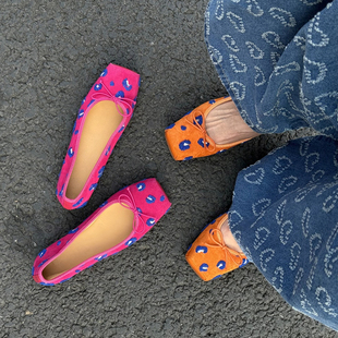 全真皮~法式气质刺绣芭蕾舞单鞋女方头浅口蝴蝶结平底复古猪嘴鞋